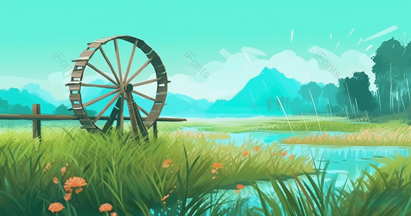 二十四节气小满时节农村乡村田园田野绿色的草地小溪流和水车风景无人场景插画壁纸,插画/手绘图,插画/手绘图库,插画/手绘图下载,插画/手绘